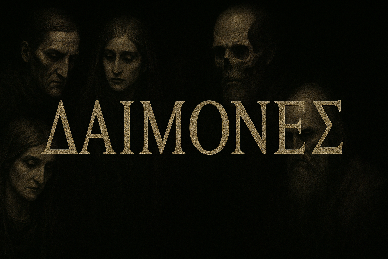 Rostros en penumbra alrededor de la palabra ΔΑΙΜΟΝΕΣ